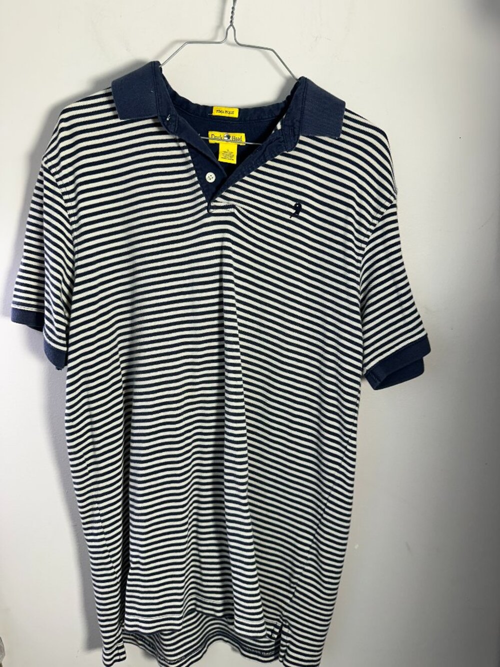 EUC Vintage Mens Duck Head Short Sleeve Shirt White Navy Blue Stripes L Large